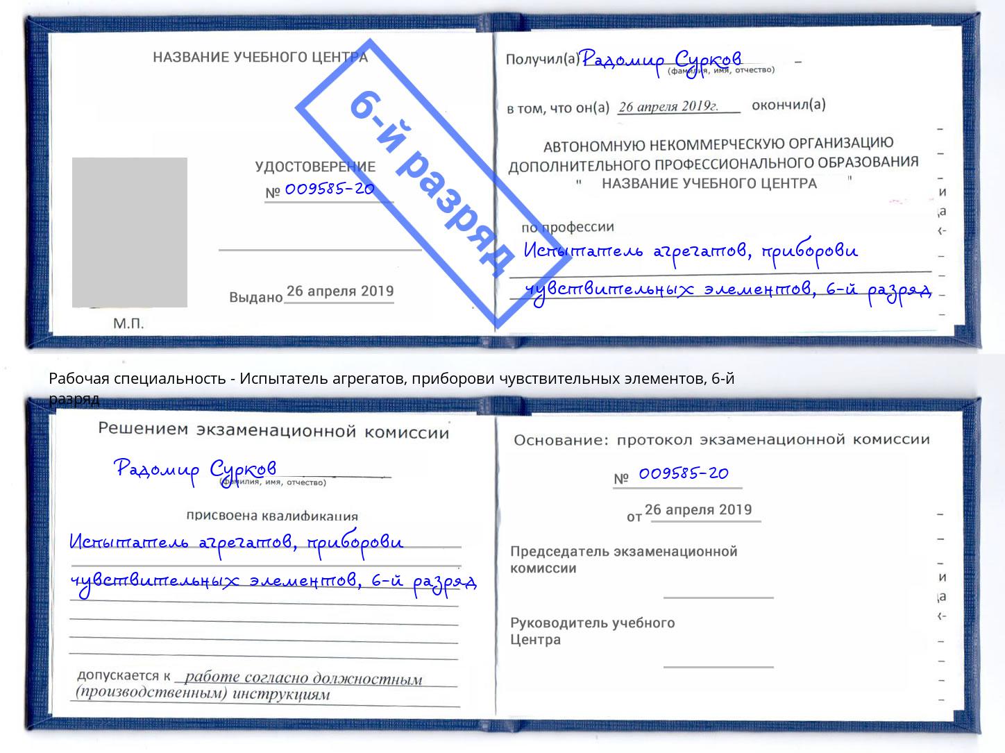 корочка 6-й разряд Испытатель агрегатов, приборови чувствительных элементов Комсомольск-на-Амуре