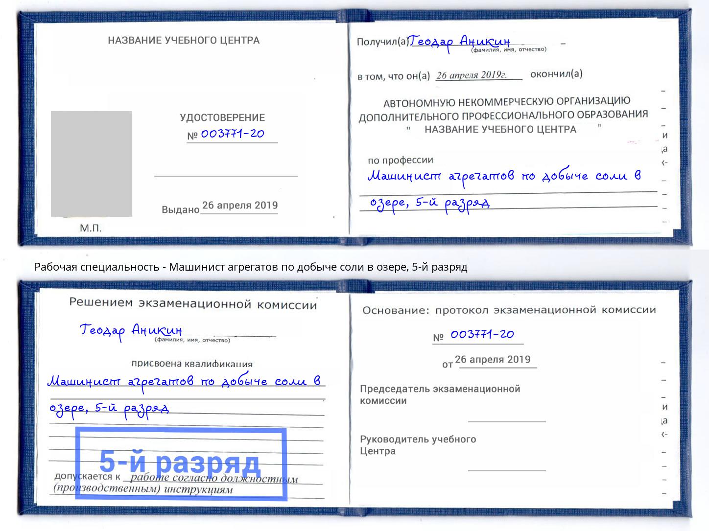 корочка 5-й разряд Машинист агрегатов по добыче соли в озере Комсомольск-на-Амуре