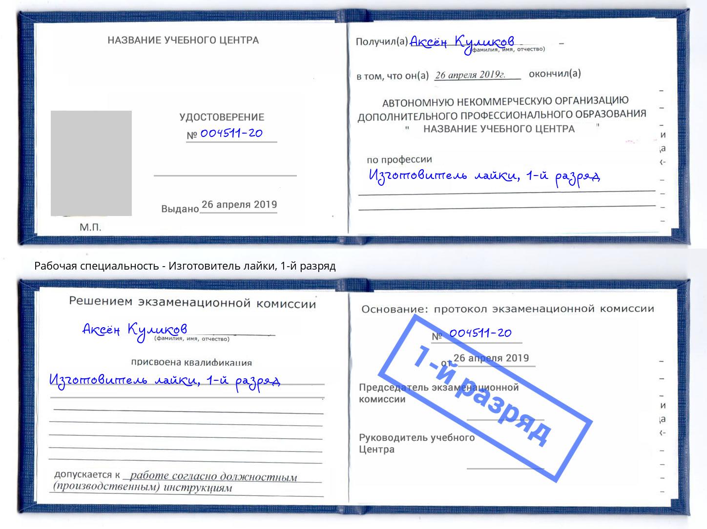 корочка 1-й разряд Изготовитель лайки Комсомольск-на-Амуре
