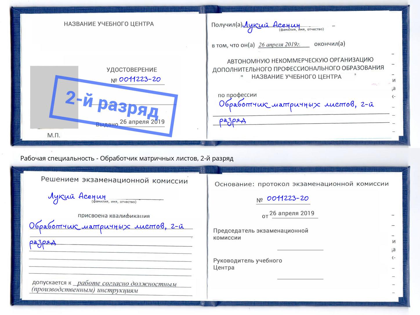 корочка 2-й разряд Обработчик матричных листов Комсомольск-на-Амуре